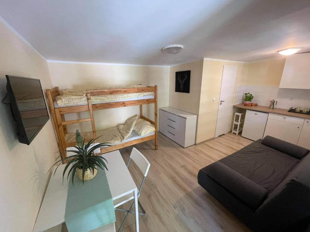 Mały pokój z łóżkiem piętrowym i kanapą w obiekcie Domki letniskowe blisko plaży- Park Jantar w mieście Jantar