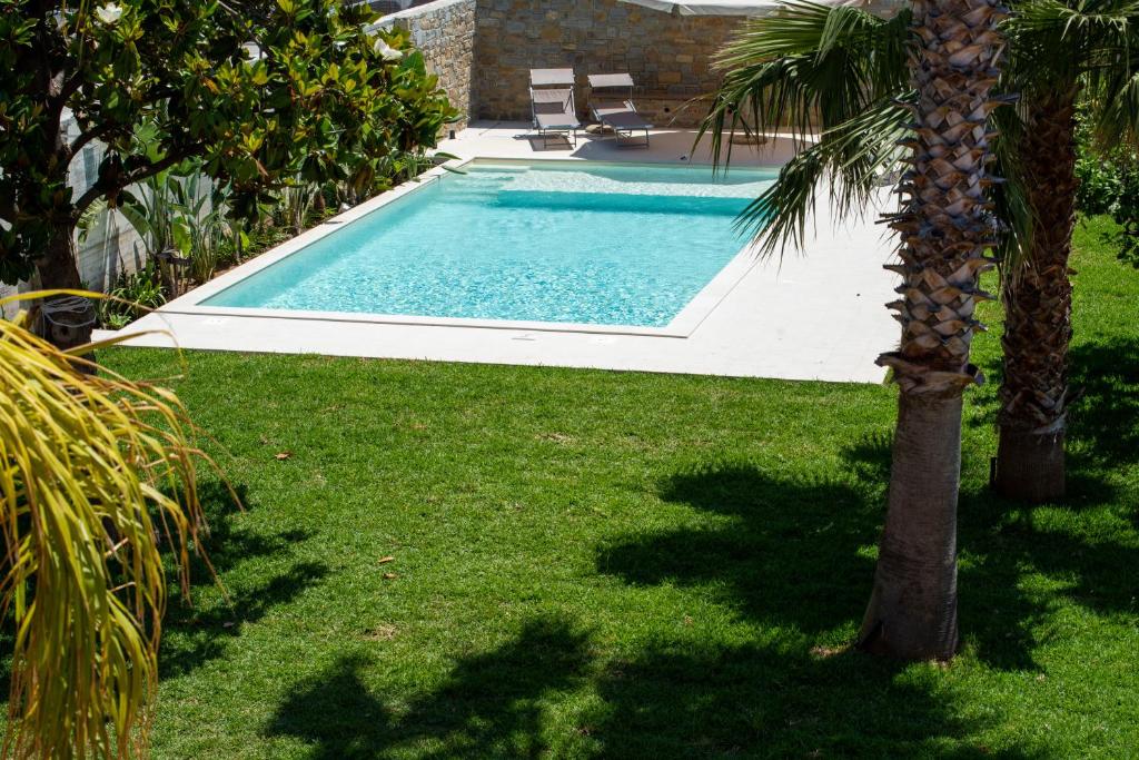 a swimming pool in a yard with a palm tree at Villa Rosa Residence in Santa Maria di Castellabate