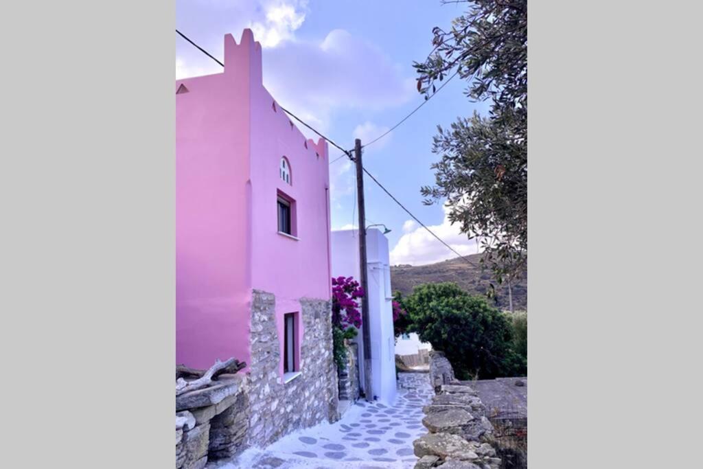 um edifício cor-de-rosa com um caminho de pedra à sua frente em Mili Art Home em Naxos Chora