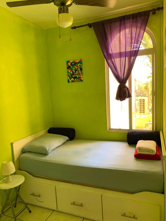 een groene slaapkamer met een bed en een raam bij Room 4 rent in San Salvador