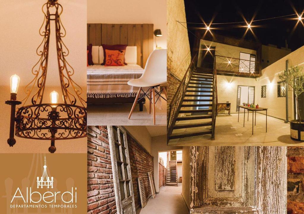 eine Collage mit Bildern eines Hotels mit einem Kronleuchter in der Unterkunft Departamentos Temporales Alberdi in La Rioja