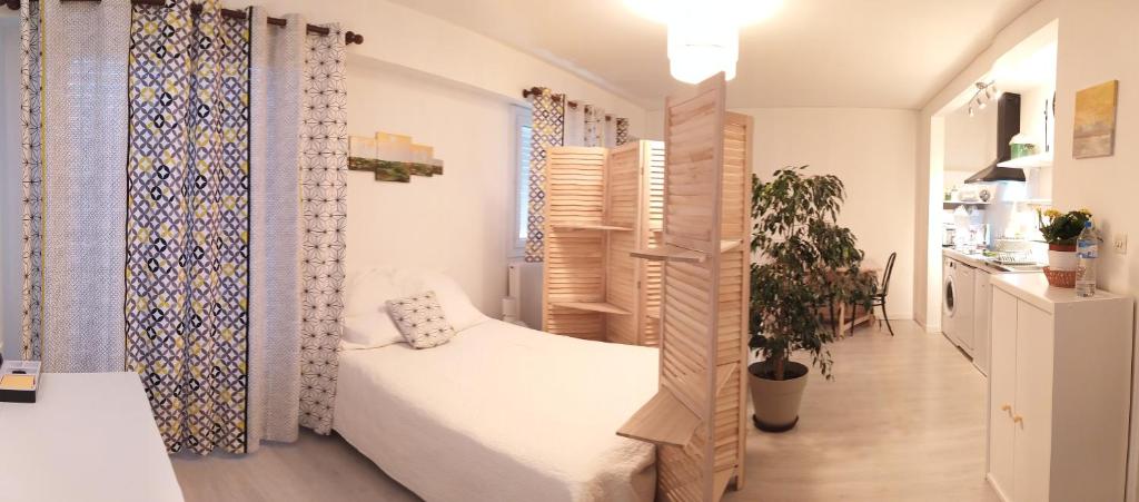 een klein appartement met een bed en een keuken bij Grand studio, super équipé, 2 pas du centre-ville "clos-du-boulanger" in Montbéliard