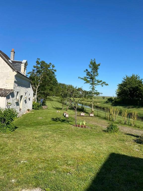 une cour avec une maison, un arbre et de l'herbe dans l'établissement Petite maison au bord du canal, 8' Zoo de Beauval, PMR, à Noyers-sur-Cher