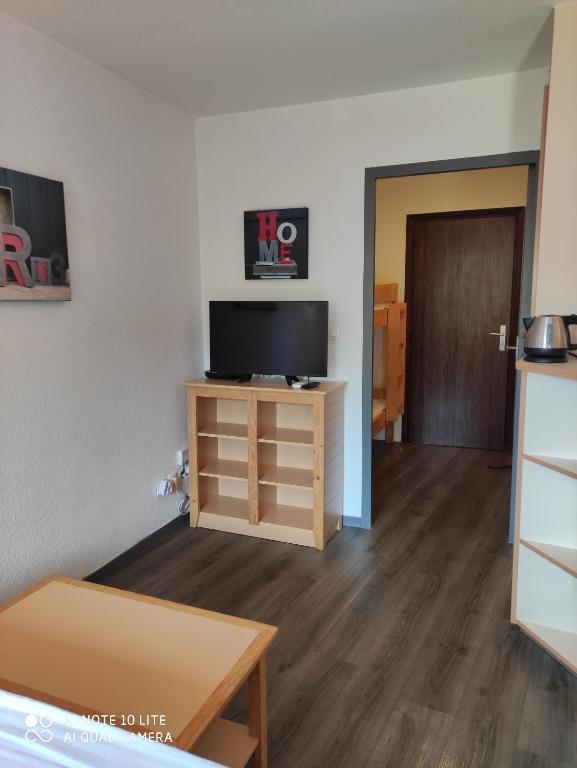 una sala de estar con TV en un armario y una puerta en Appartement Les Palmiers, en Niza