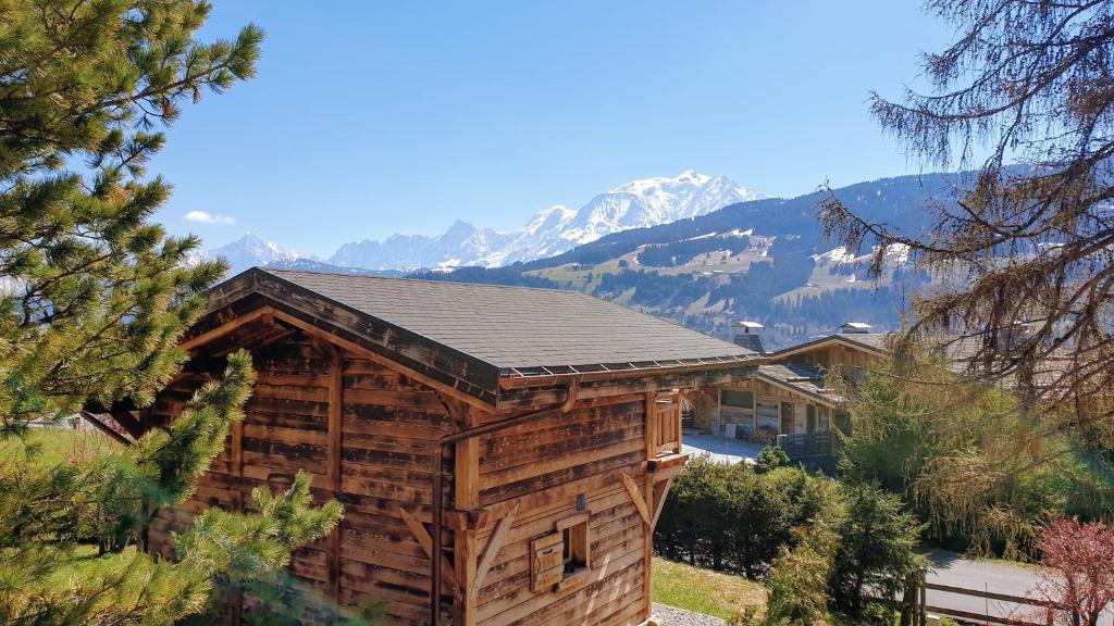 a log cabin with a roof with mountains in the background at BARMADZA Mazots de Charme in Demi-Quartier