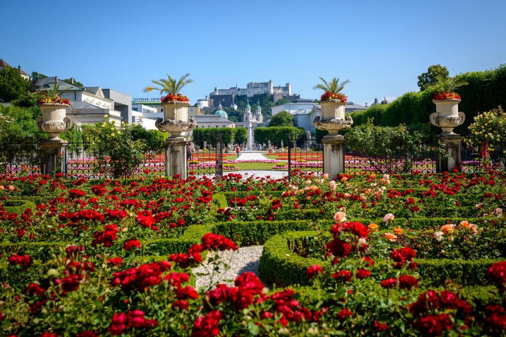 un giardino di fiori rossi con una fontana sullo sfondo di Hotel Kaiserhof ad Anif