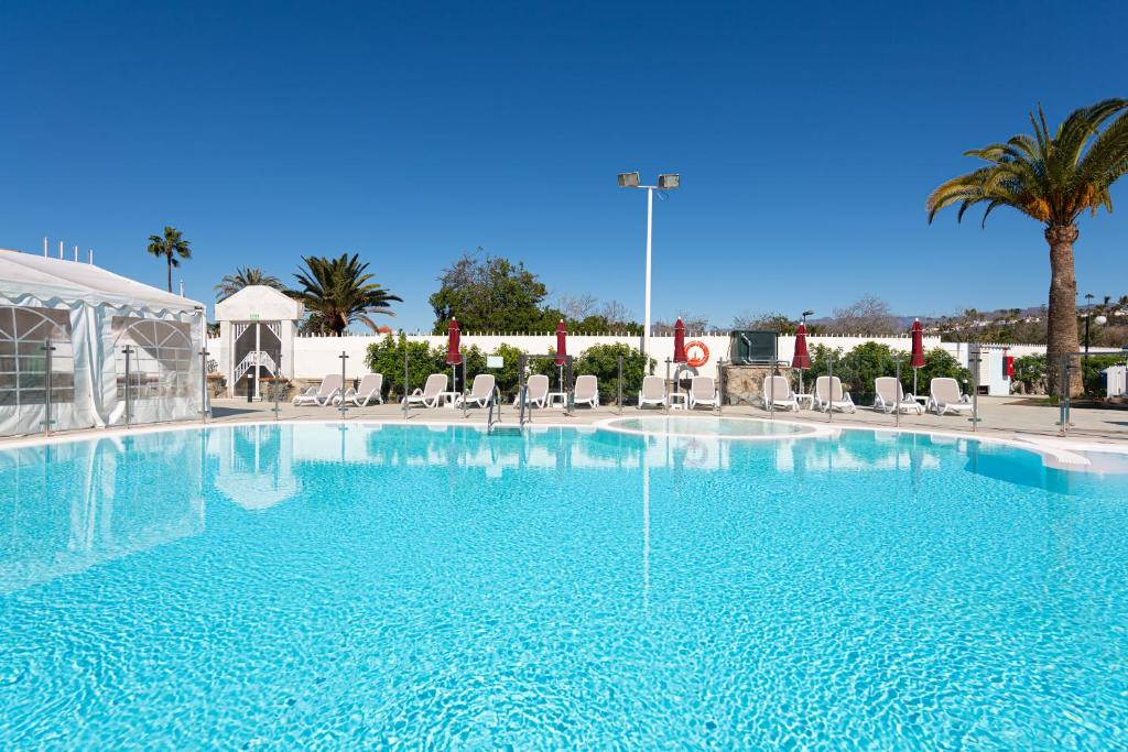a large swimming pool with chairs and a palm tree at Bungalows Tisaya Golf in Maspalomas