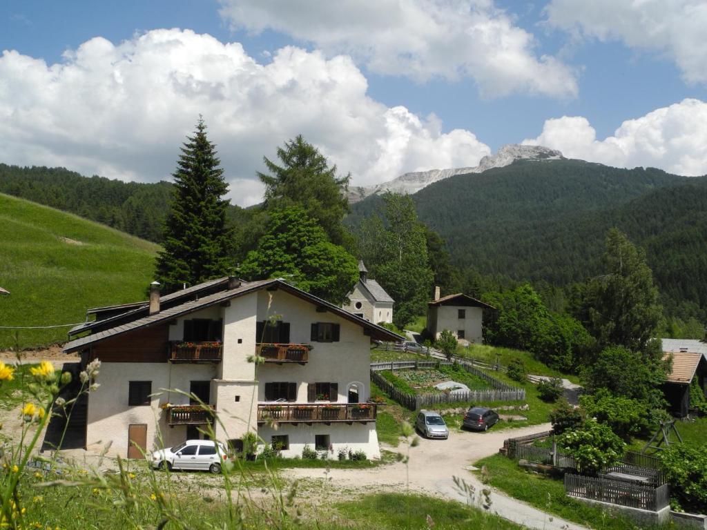 a house on a hill with mountains in the background at THOMASERHOF in Redagno