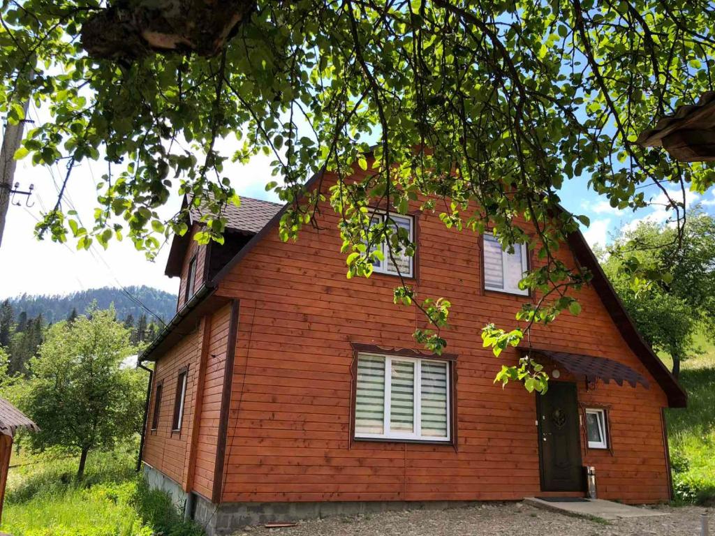 a red brick house with white windows and a tree at Карпатська ніч in Plav'ya