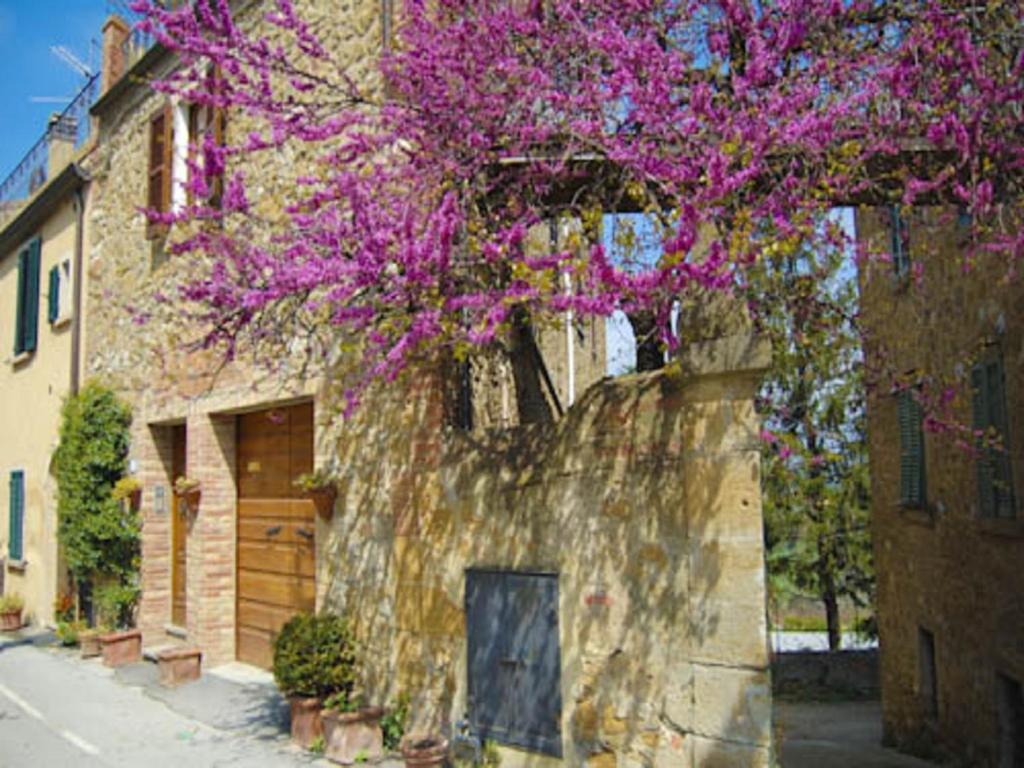 ein Gebäude mit lila Blumen auf der Seite in der Unterkunft La Casa di Lucia in Castelmuzio