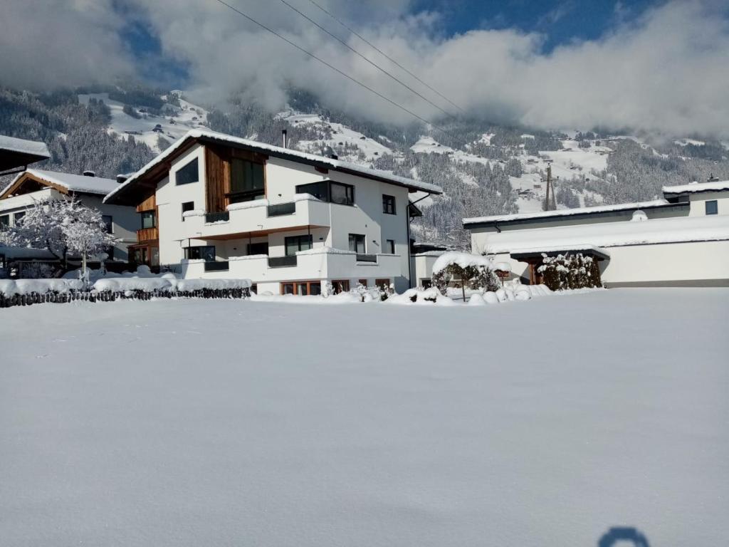 a house in the snow in front of a mountain at Landhaus Barbara in Hippach