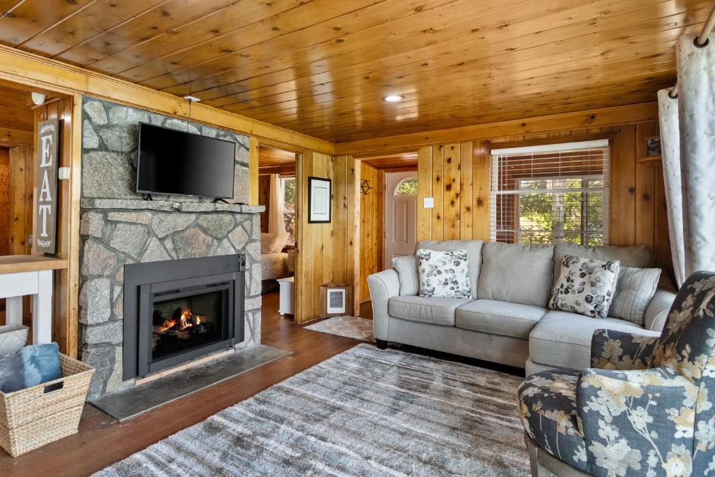 uma sala de estar com um sofá e uma lareira em Lakeside Loungin' em Hayden