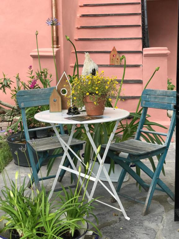 a table and two chairs with flowers and birds on it at Ti vengo a cercare B&B in Castellaro