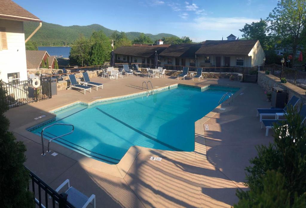 an overhead view of a swimming pool in a yard at Nordick's Inn in Lake George
