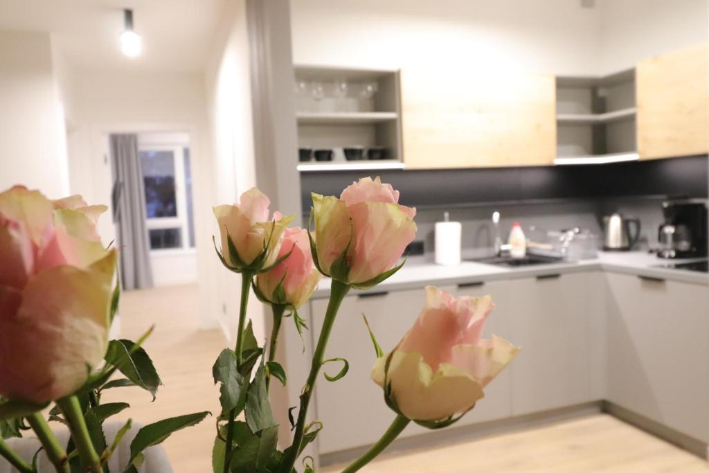 un vase avec des roses roses dans une cuisine dans l'établissement Apartament TERRA - MTN Apartamenty Na Wydmach Pobierowo, à Pobierowo
