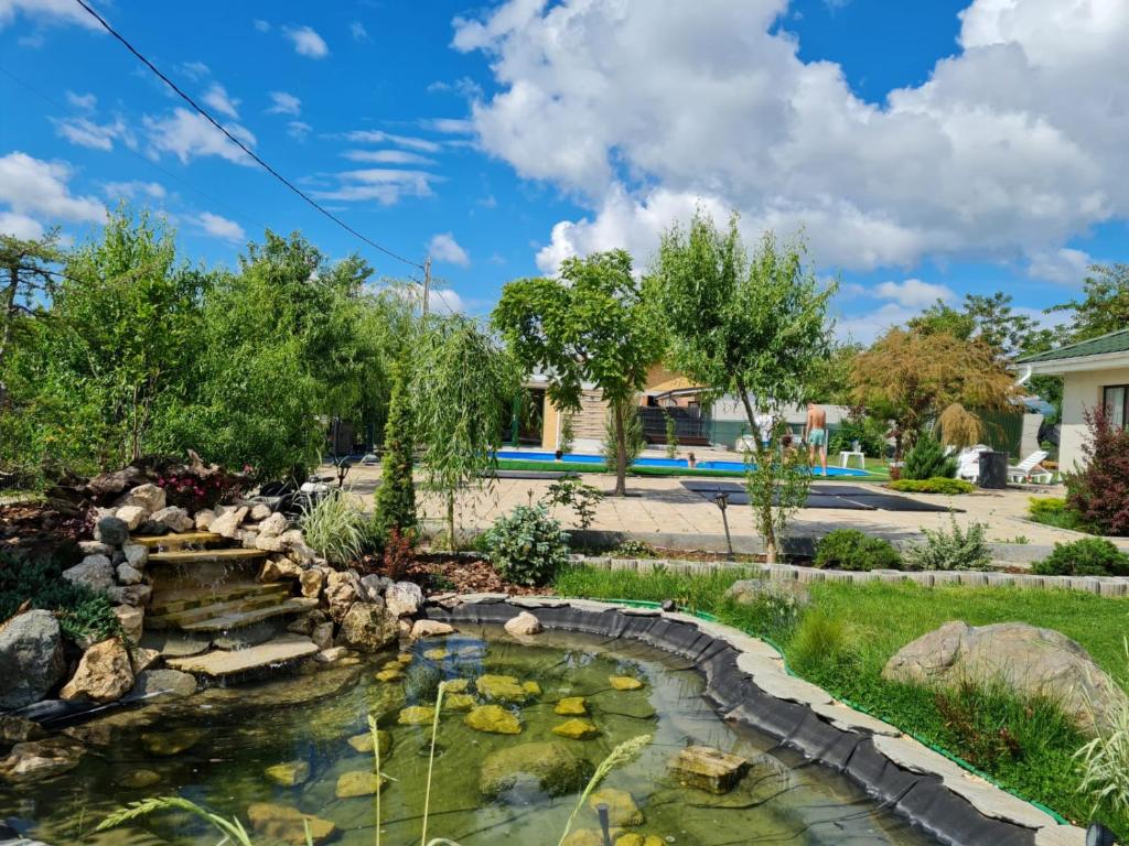 a pond in a backyard with a garden with yellow fishes at Casa Elis in Merei