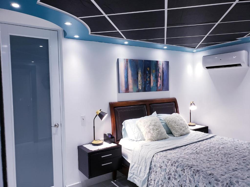 ein Schlafzimmer mit einem Bett und einer blauen Decke in der Unterkunft MH House APT #1 in Carolina