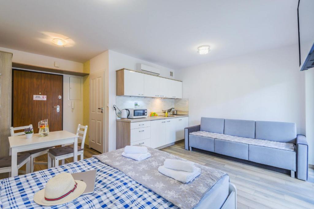 Bright studio apartment with bed, kitchenette, dining table and sofa, clean modern decor