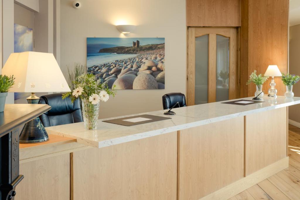 a kitchen with a counter with a painting on the wall at Dingle Harbour Lodge B&B in Dingle