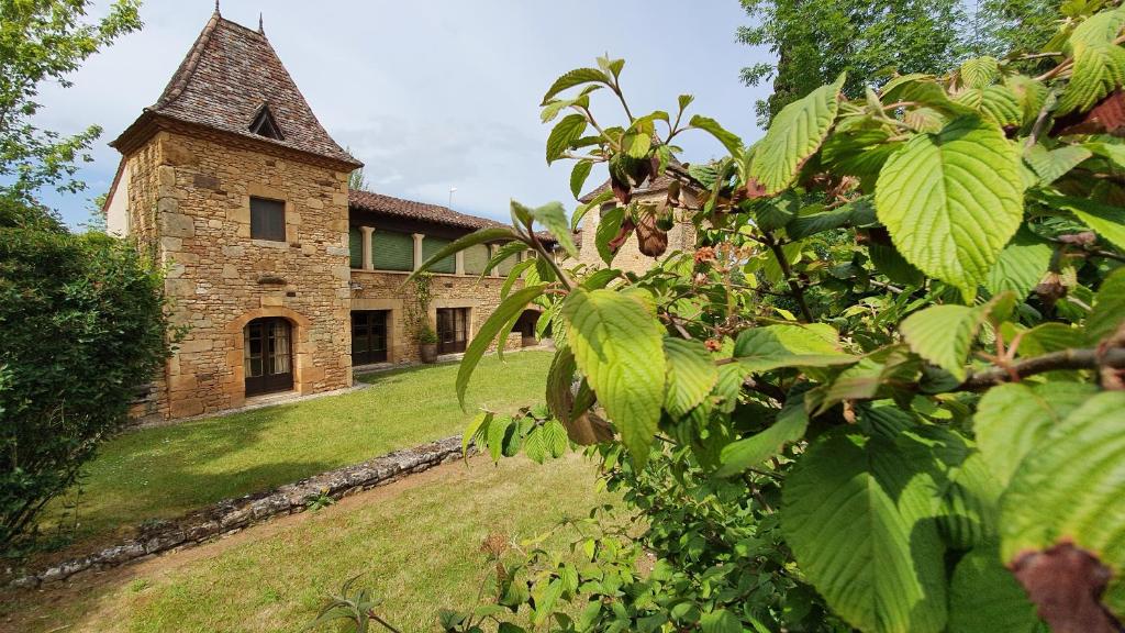 un vecchio edificio in mattoni con una torre su un campo di Domaine du Cardou a Puy-lʼÉvêque