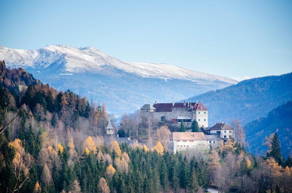 a town on a hill with trees and mountains at Gasthof Oberer Bräuer in Oberwölz Stadt