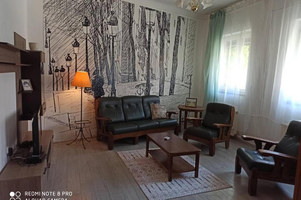 sala de estar con sofá, sillas y mural en la pared en M&M apartman en Budapest