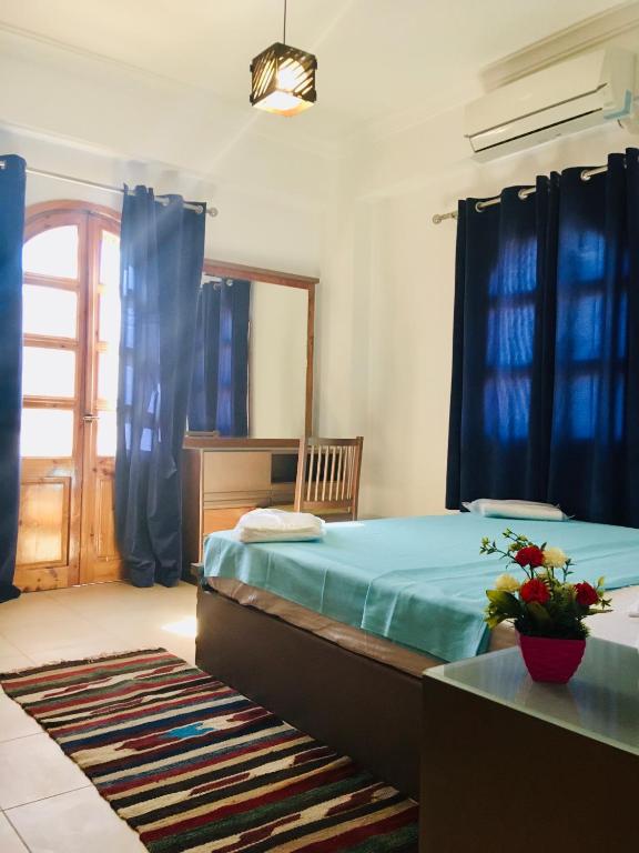 a bedroom with a bed and a window with blue curtains at Villa 22 in Dahab