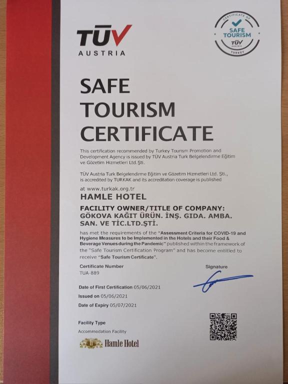 Hamle Hotel tanúsítványa, márkajelzése vagy díja