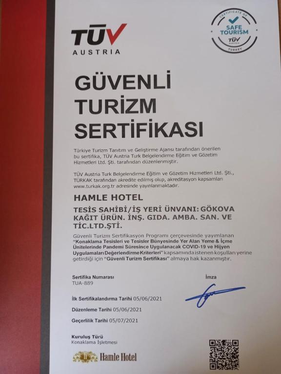 Hamle Hotel tanúsítványa, márkajelzése vagy díja