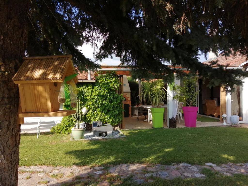 une arrière-cour avec une maison ornithologique sur un arbre dans l'établissement Maison d'hôtes le clos de la Presle, Compostelle, à Saint-Georges-Haute-Ville