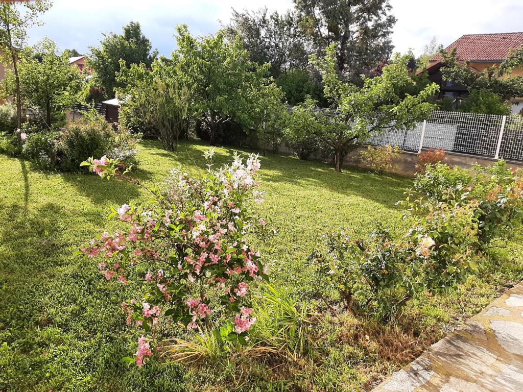 um jardim com flores cor-de-rosa num quintal em L'Ecrin Meublé de tourisme classé 3 étoiles em La Bâtie-Neuve