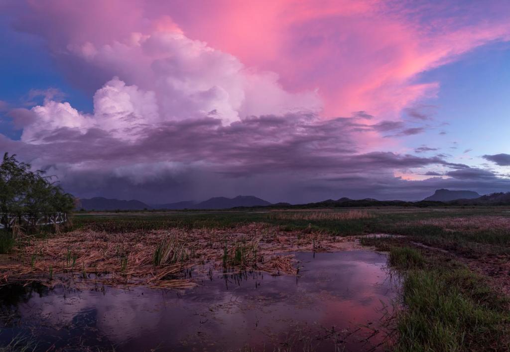 a stormy sky over a field with a pond at Rancho Humo Estancia in Puerto Humo