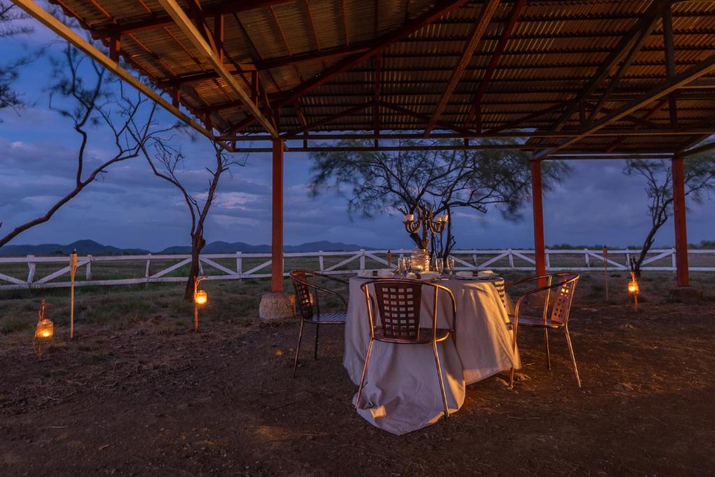 a table and chairs under a roof with lights at Rancho Humo Estancia in Puerto Humo