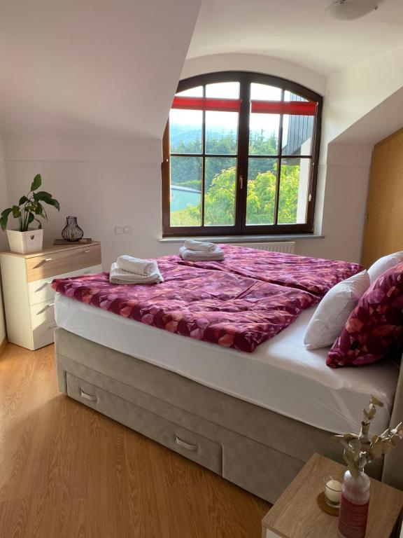 um quarto com uma cama grande e uma janela em Apartma Bernard em Radovljica