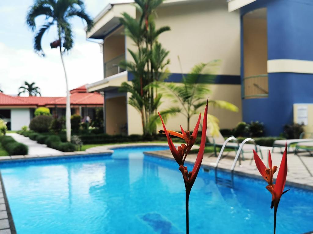 una piscina con flores rojas frente a un edificio en Hotel Monte Real en Fortuna