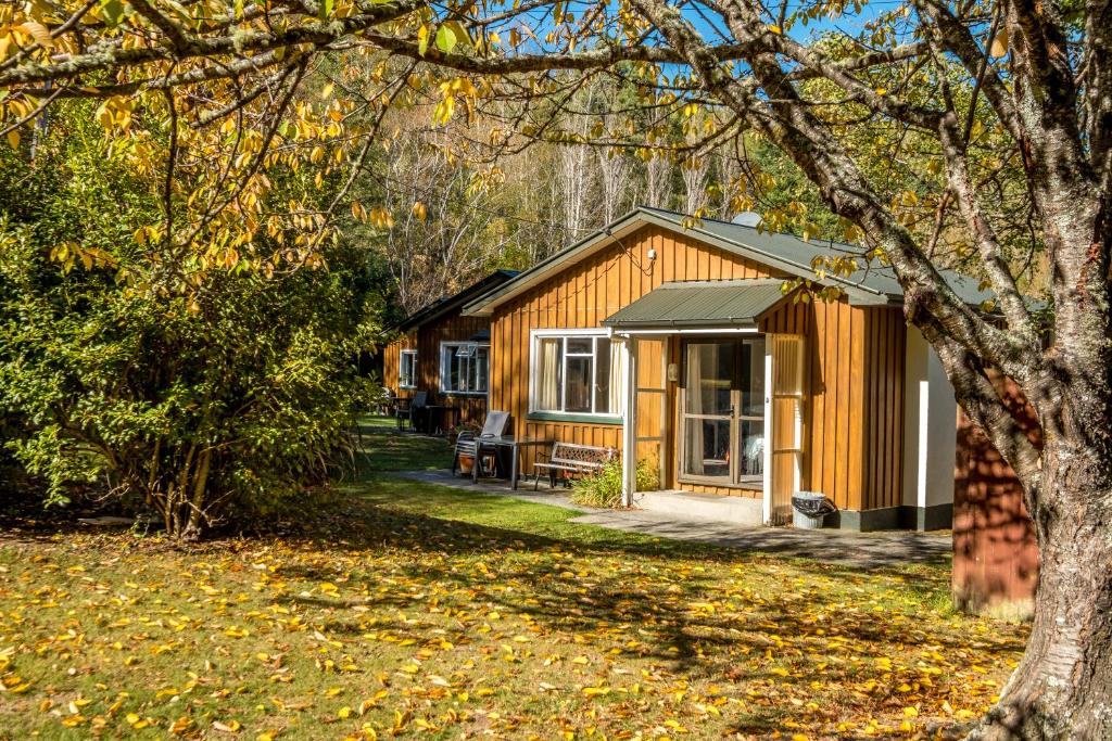 a cabin in the woods with a tree at Alpine Adventure Holiday Park in Hanmer Springs