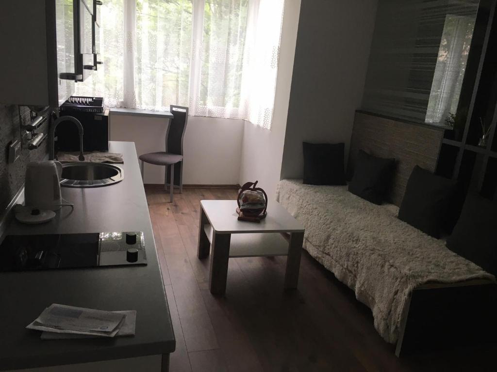 a bedroom with a bed and a table and a sink at Apartment in the center of the old city, Budžak 14 in Sarajevo