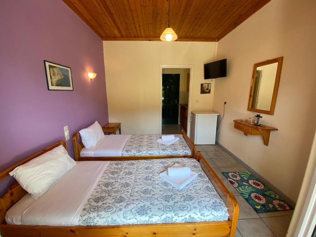 a bedroom with two beds and a tv in it at MARATHES STUDIOS in Agios Nikitas
