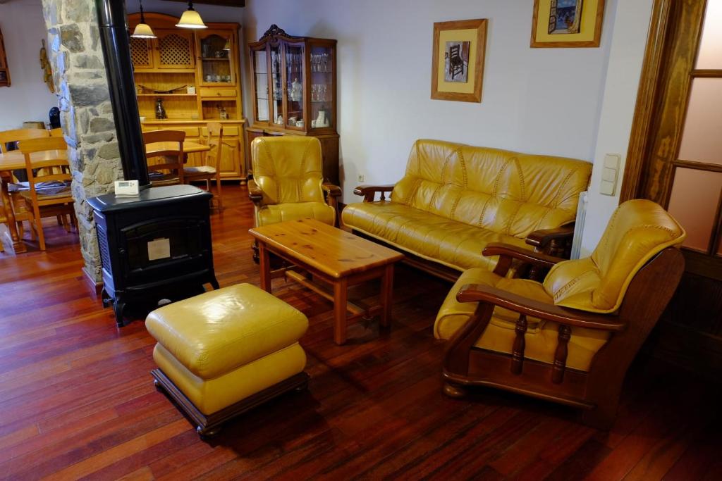Una sala de estar con un sofá y una estufa de leña. en Apartamento rùstico Escunhau, en Escuñau