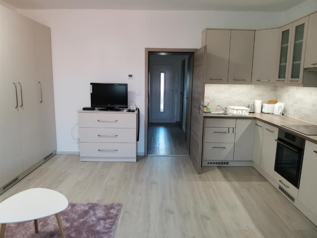 Kuchyň nebo kuchyňský kout v ubytování Éva Apartmanház