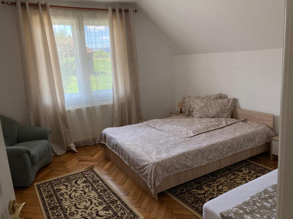 1 dormitorio con 1 cama, 1 silla y 1 ventana en Casa Gia, en Bălnaca