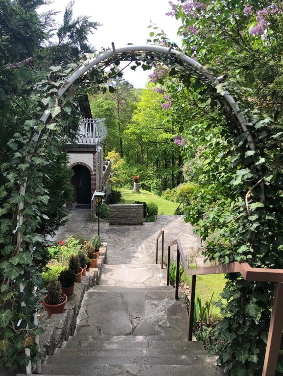 an archway in a garden with potted plants at Large Wuerzburg Apartment in Würzburg