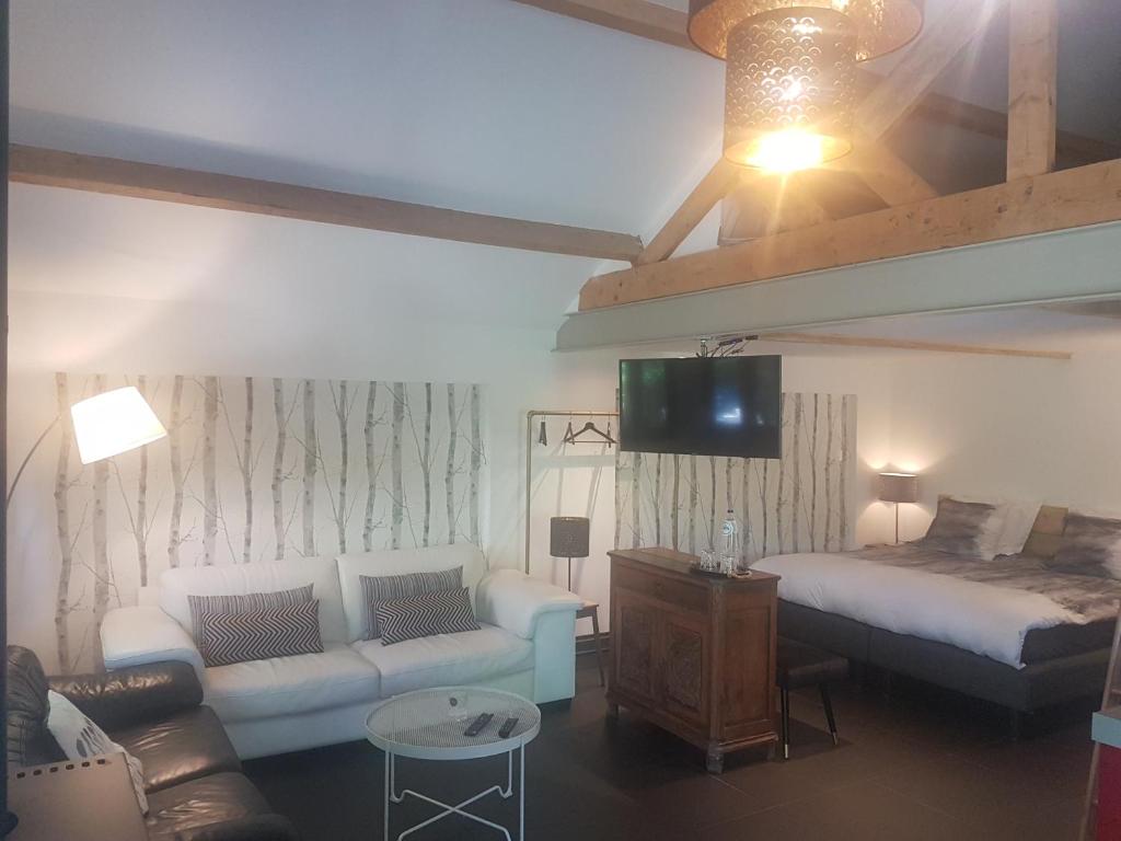 1 dormitorio con cama, sofá y TV en L'Atelier en Spa