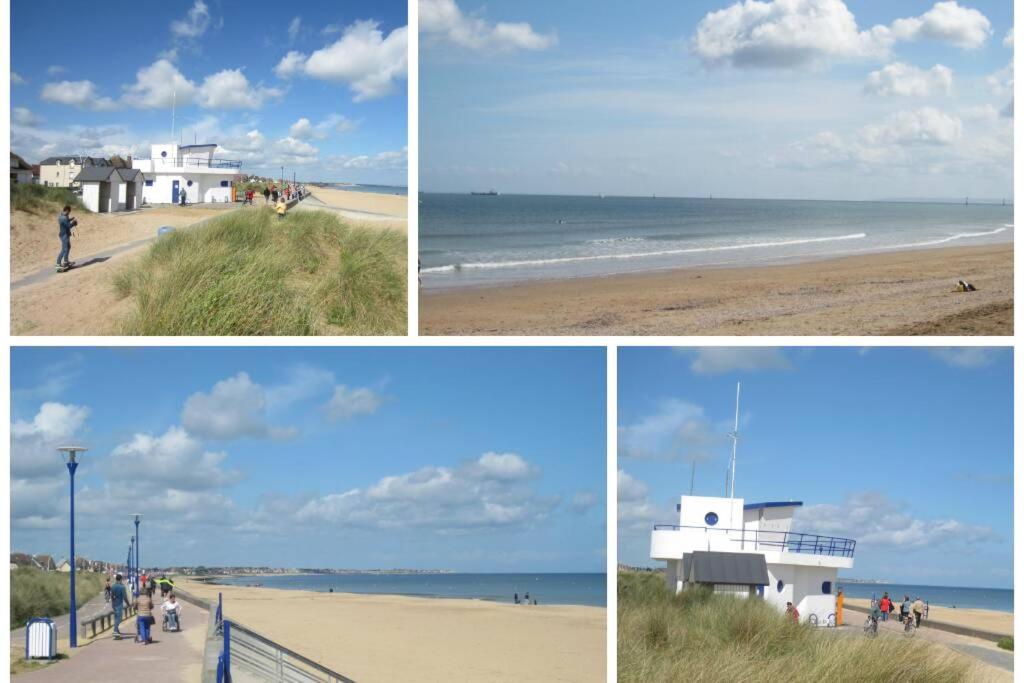 a group of four pictures of a beach and the ocean at Votre appartement à 200m de la plage in Ouistreham