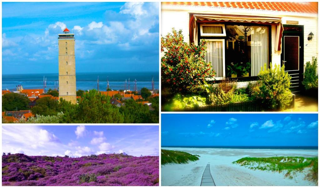 un collage de cuatro fotos con un faro en Huisje Stockholm op Terschelling en West-Terschelling