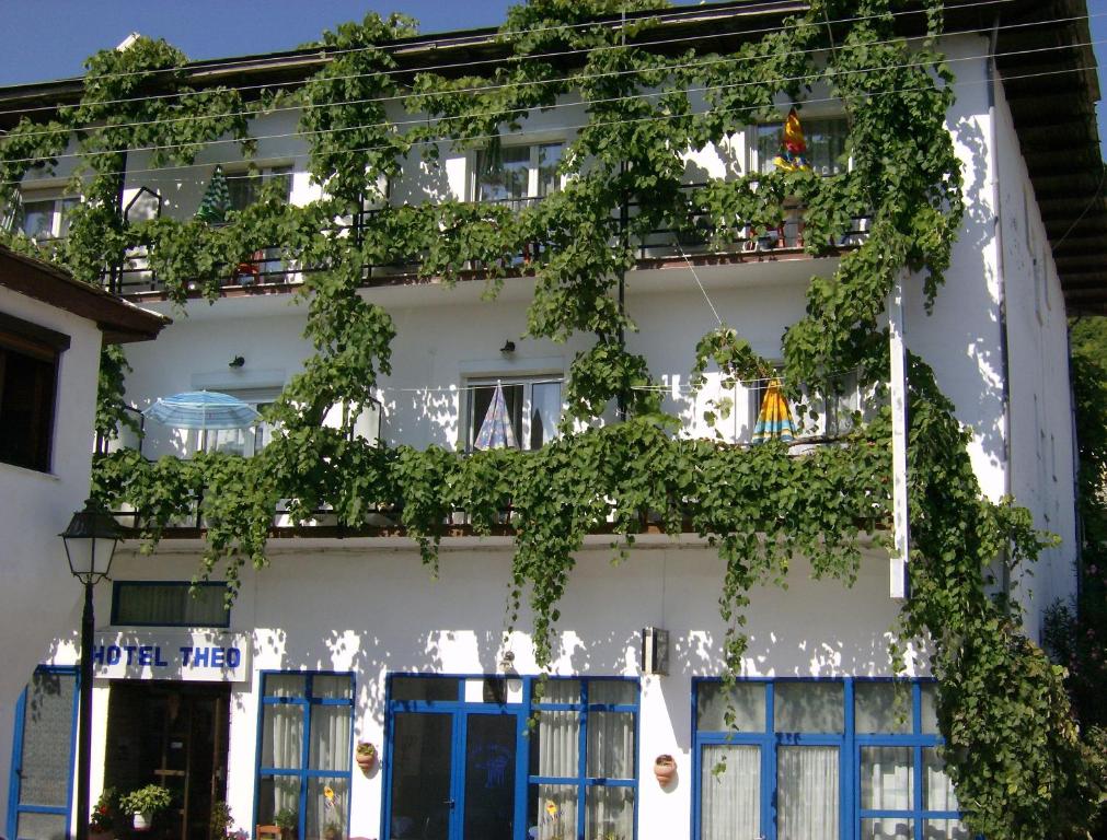 a building with ivy on the side of it at Hotel Theo in Panagia