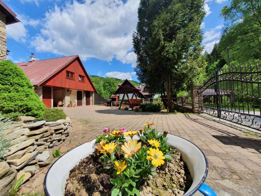 a flower pot filled with flowers in front of a barn at Chata pod Rozsutcom in Biela