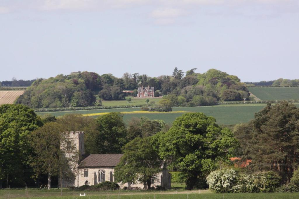 a house in a field with a castle in the background at The Manor House Bed and Breakfast in Castle Acre