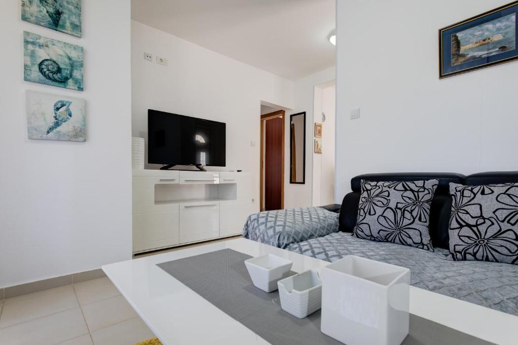 a living room with a couch and a tv at Apartments Horizont in Budva