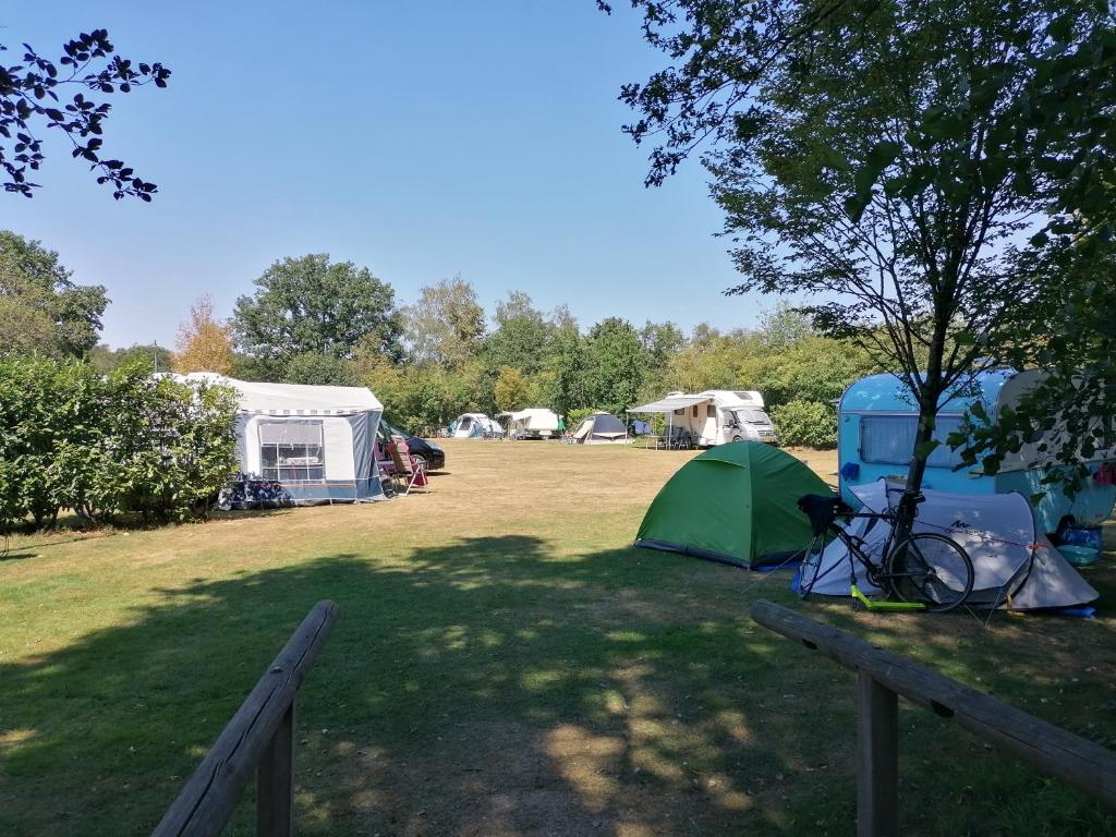 un grupo de tiendas de campaña y una bicicleta estacionada en un campo en Camping 't Bosch, en Zelhem
